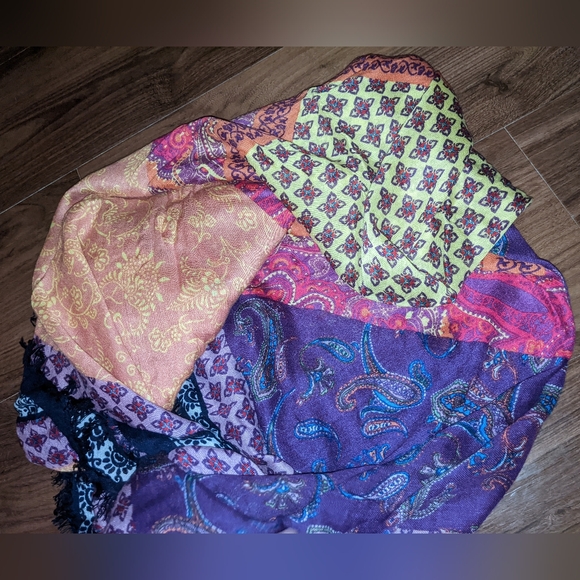 Tarnish - Large Square Paisley Patchwork Scarf - Coral, Navy, Purple, Yellow - Picture 12 of 14